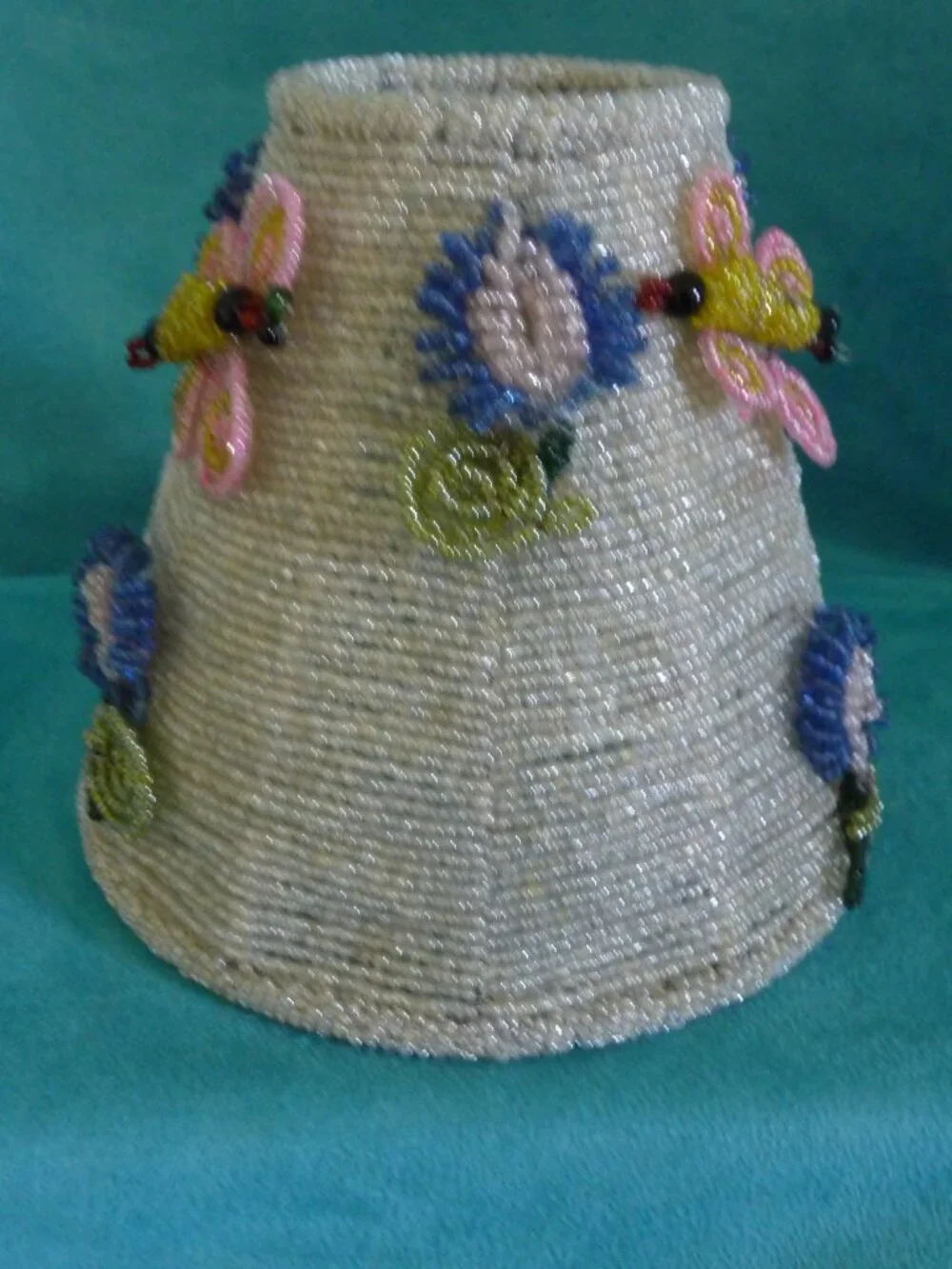 Vintage Seed Beaded 3D Floral Lamp Shade handmade wire metal Ornate